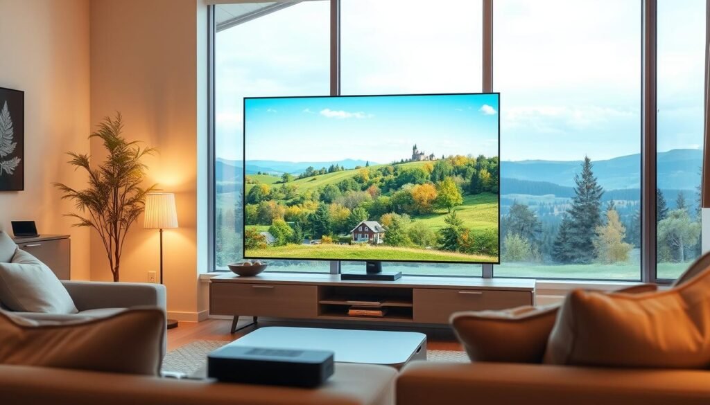 A cozy living room with a large, high-definition TV screen prominently displayed, showcasing a crystal-clear image of a scenic landscape in Quebec. Soft, warm lighting illuminates the room, creating a peaceful and inviting atmosphere. The TV is surrounded by modern, minimalist furniture, and the overall design evokes a sense of comfort and relaxation. In the foreground, a streaming device or remote control is visible, hinting at the seamless IPTV experience. The background features large windows overlooking the picturesque Quebec countryside, with trees and rolling hills visible in the distance, creating a captivating and immersive viewing experience.