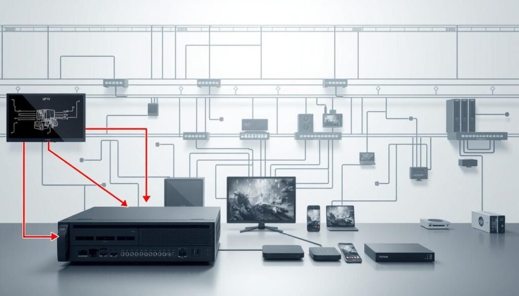 A detailed technical diagram depicting the inner workings of an IPTV system. In the foreground, a central server distributes digital video and audio content via an IP network, with arrows and annotations explaining the flow of data. In the middle ground, various client devices such as smart TVs, set-top boxes, and mobile phones are connected, receiving and displaying the IPTV signals. The background shows the broader internet infrastructure, with routers, switches, and other networking equipment facilitating the transmission. The scene is rendered in a clean, technical style with muted colors, precise lines, and a focus on the mechanics of the IPTV technology. Bright lighting creates a sense of clarity and transparency, inviting the viewer to understand the underlying processes.