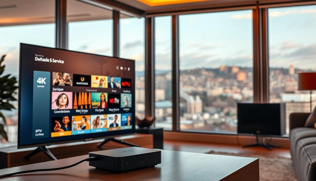 A high-resolution, photorealistic image of an IPTV streaming technology setup in a modern Quebec home. In the foreground, a sleek, 4K smart TV displays various IPTV service menus, showcasing the breadth of content available. In the middle ground, a compact streaming device blends seamlessly into the home decor, connected to high-speed internet cables. The background features large windows overlooking a vibrant Quebec cityscape, bathed in warm, natural lighting that creates a cozy, inviting atmosphere. The overall scene conveys the convenience, accessibility, and appeal of IPTV technology for Quebec residents seeking a comprehensive, reliable streaming experience.