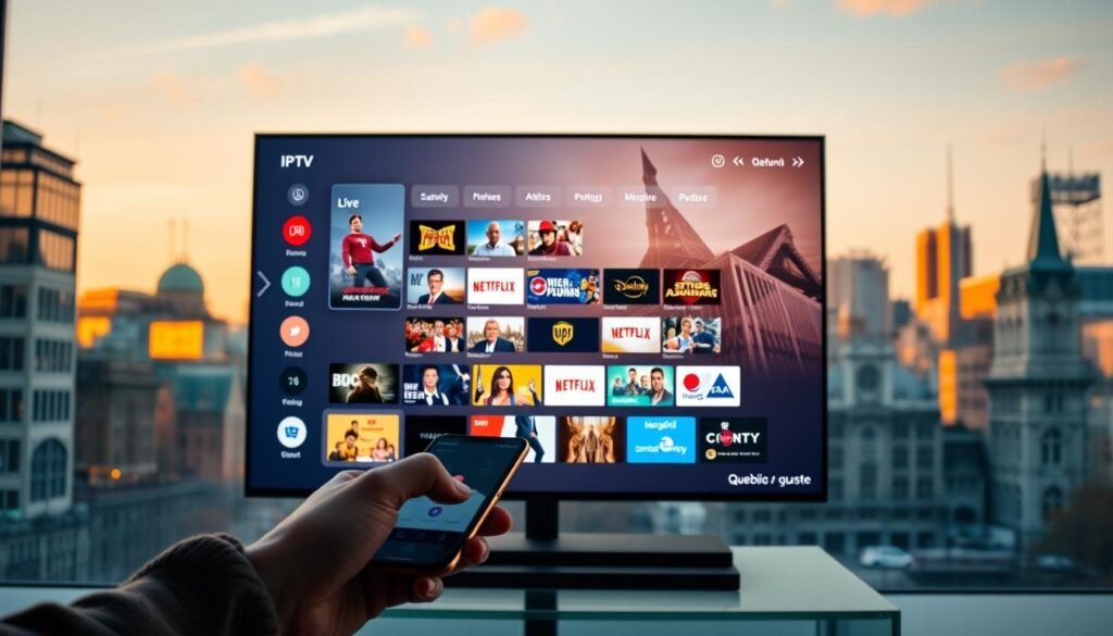 A modern, sleek streaming service interface showcasing IPTV options in Québec. A large central display shows a diverse selection of live TV channels and on-demand content, with intuitive navigation menus and bold, vibrant graphics. In the foreground, a hand-held device interacts with the interface, while the background features the iconic architecture and cityscape of Québec, bathed in warm, golden lighting that creates a sense of urban sophistication. The overall scene conveys the convenience, quality, and local appeal of IPTV services tailored for the Québec market in 2025.