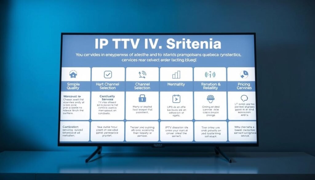 A professional, modern-looking infographic depicting the key criteria for selecting an IPTV service in Quebec, Canada. The foreground features a clean grid layout showcasing various service attributes like video quality, channel selection, reliability, and pricing. The middle ground includes subtly branded design elements and icons to visually reinforce the criteria. The background has a subtle gradient or texture to provide depth and a high-quality, editorial aesthetic. The lighting is soft and even, with a slight vignette to draw the eye inward. The camera angle is slightly elevated to give an authoritative, informative perspective. The overall mood is informative, trustworthy, and visually appealing to Quebec IPTV consumers.