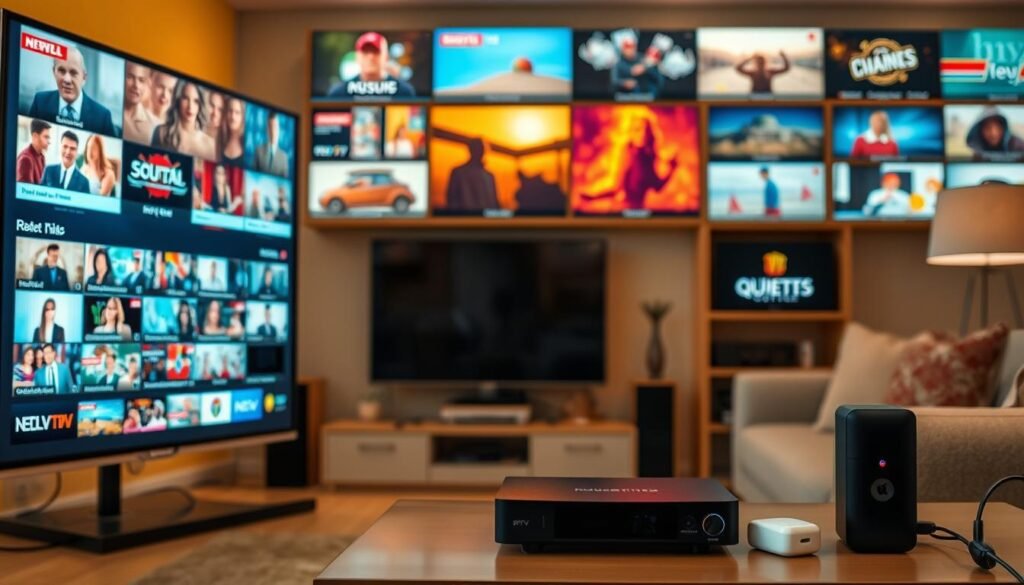 A vibrant and dynamic scene showcasing an array of IPTV channels from Quebec, Canada. In the foreground, a sleek and modern television set displays a diverse selection of live content, ranging from news broadcasts to sports events and entertainment programs. The middle ground features a tasteful and minimalist home entertainment setup, with a cutting-edge streaming device and a high-quality sound system, all bathed in a warm, inviting lighting. The background offers a glimpse of a cozy living room, with subtle hints of Quebec's cultural influences, such as artwork or décor. The overall atmosphere conveys a sense of unlimited access to a vast library of captivating content, tailored to the diverse interests of Quebec's IPTV viewers.