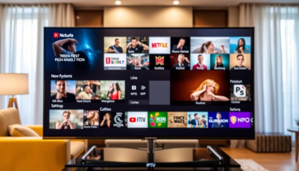 A vibrant display of IPTV and VOD content, showcasing a diverse array of channels and entertainment options. In the foreground, a sleek and modern television set showcases a range of high-definition programming, with rich colors and crisp details. The middle ground features a stylized representation of the IPTV and VOD platform, with intuitive navigation and a wide selection of content categories. The background is a warm, inviting living room setting, with comfortable furniture and soft lighting, creating an atmosphere of relaxation and entertainment. The overall scene conveys a sense of quality, convenience, and the vast array of entertainment possibilities available to the viewer.