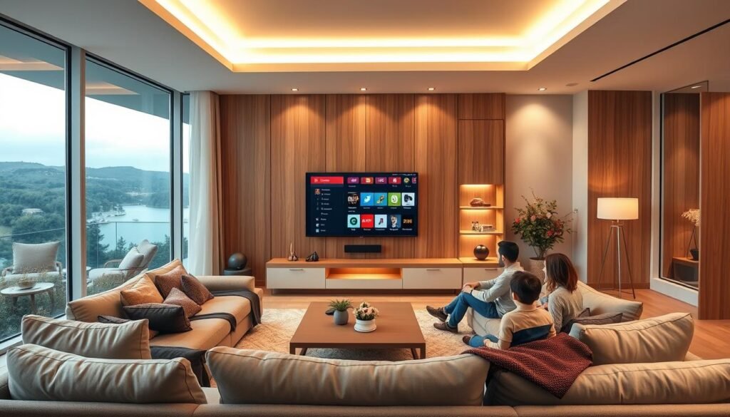 An elegant modern living room with sleek minimalist furniture and large windows overlooking a scenic outdoor view. A high-tech entertainment system takes center stage, including a premium IPTV subscription displayed on a large flatscreen TV. Warm lighting and natural wood accents create a cozy, inviting atmosphere. A family gathers around, enjoying the convenience and entertainment options provided by their IPTV service. Soft indirect lighting from above casts a gentle glow, while a clean, sophisticated color palette ties the room together. The scene conveys the comfort and sophistication of a home perfectly suited for an IPTV subscription.