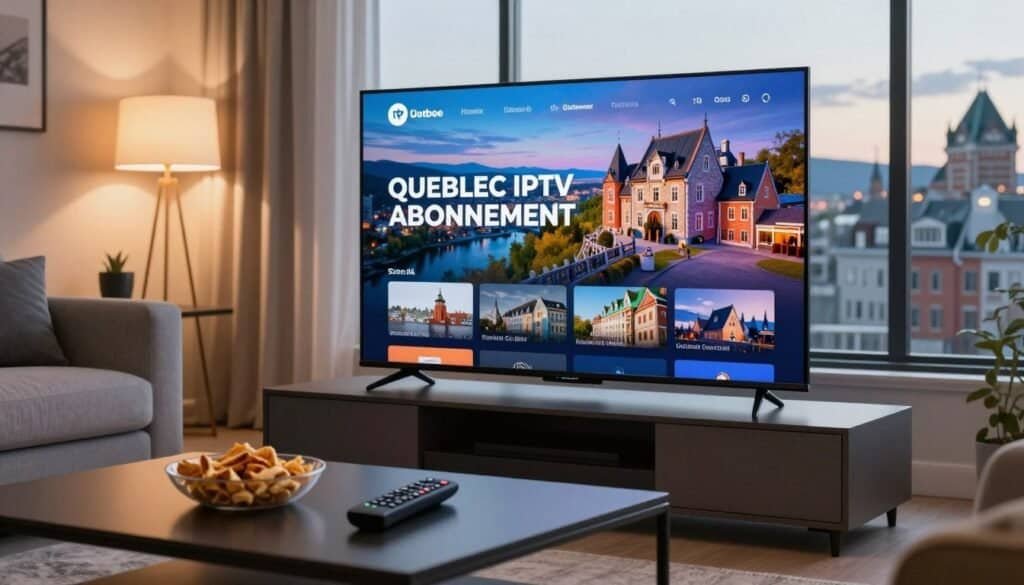A modern living room featuring a sleek smart TV displaying streaming content, symbolizing "QUEBEC IPTV ABONNEMENT". In the foreground, a stylish coffee table holds a remote control and snacks, emphasizing casual comfort. The middle ground showcases the smart TV with vibrant, high-definition visuals of a Quebec landscape or cultural scenes, reflecting the premium quality of IPTV. The background features a cozy atmosphere with soft, warm lighting from lamps and large windows revealing the beauty of a Quebec cityscape. The overall mood is inviting and contemporary, aiming to illustrate the revolution of streaming technology in Quebec, suggesting innovation and high-quality service.