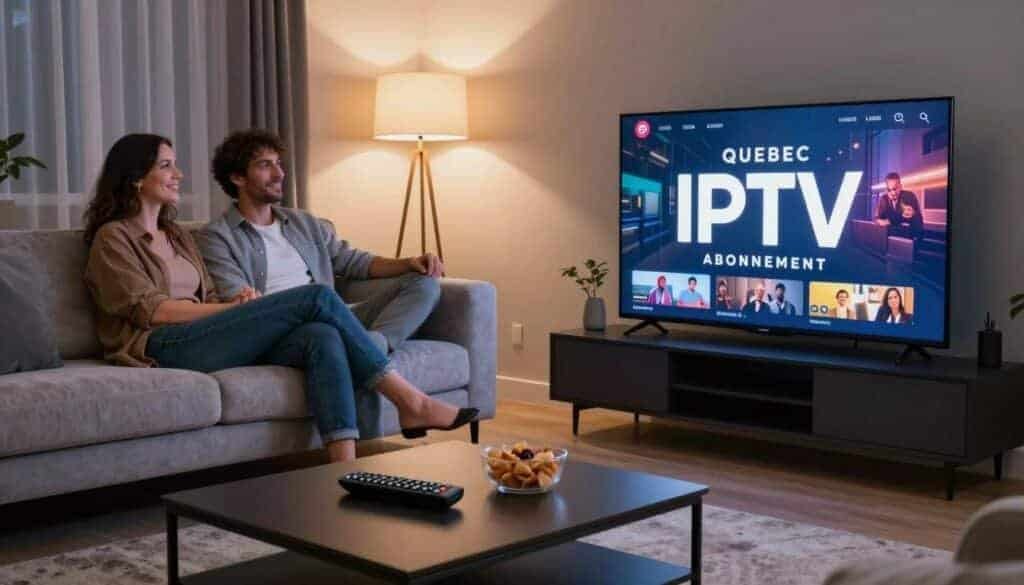 A sleek living room scene featuring a modern television displaying the logo "QUEBEC IPTV ABONNEMENT" prominently on the screen, reflecting high-definition streaming content. In the foreground, a stylish coffee table with a remote control and snacks, inviting viewers to enjoy entertainment. In the middle, a plush sofa with an adult couple, comfortably dressed in casual yet stylish clothing, casually watching TV, with expressions of enjoyment and engagement. The background shows a well-decorated room with ambient lighting, perhaps from a floor lamp, creating a cozy atmosphere. The overall mood is relaxed and inviting, emphasizing the convenience and quality of IPTV services for entertainment at home. The angle of the shot is slightly elevated, capturing both the viewers and the TV screen.