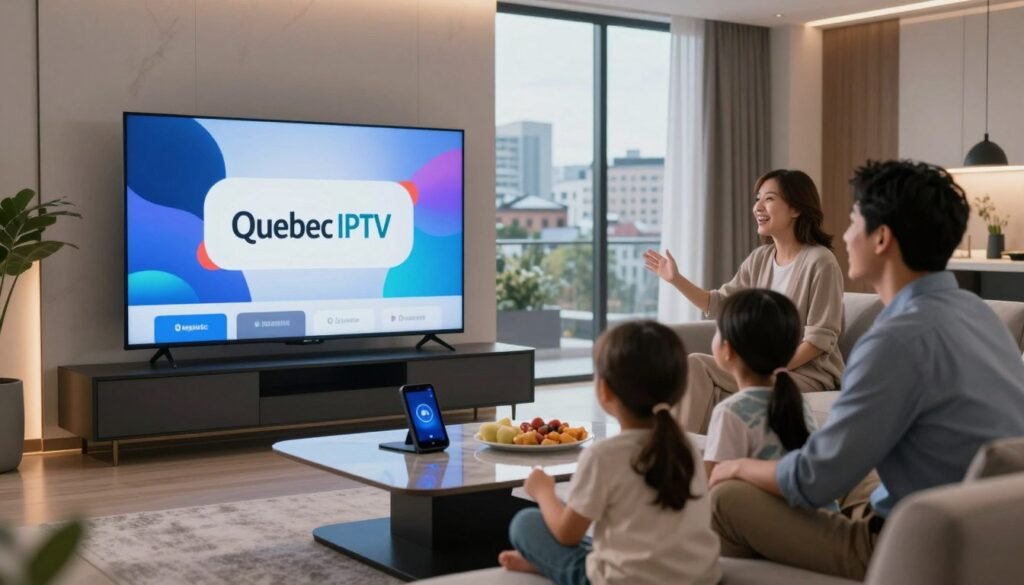 A futuristic living room with a sleek, modern design featuring a large flat-screen TV displaying the logo "Quebec IPTV". In the foreground, a family of four—two adults in business casual attire and two children—are engaged in watching a streaming service together, showcasing the joy of shared entertainment. The middle ground includes a stylish coffee table with smart devices and snacks, while the background features large windows revealing a beautiful cityscape of Quebec, suggesting urban life in 2026. Soft, warm lighting enhances the inviting atmosphere, while a shallow depth of field focuses on the family's expressions, conveying excitement and engagement with the content. Overall, the image reflects the innovation and community of IPTV technology.
