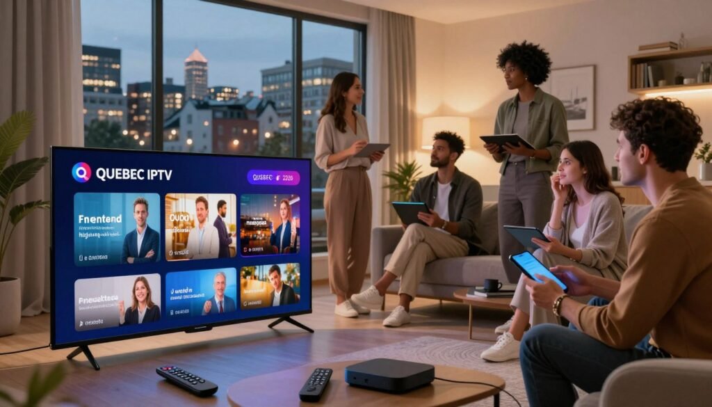 A futuristic scene illustrating IPTV technology in Quebec for 2026. In the foreground, a sleek smart TV displays vibrant streaming content, surrounded by remote controls and streaming devices. In the middle ground, a diverse group of professionals in smart casual attire are engaged in discussions, holding devices like tablets and smartphones, showcasing a collaborative environment. The background features a modern living room with large windows revealing a cityscape of Quebec, illuminated by evening lights. Soft ambient lighting creates a cozy atmosphere, with warm tones emphasizing the comfort of home entertainment. The brand name "QUEBEC IPTV" subtly integrated into the design exudes a sense of innovation and quality. The overall mood is optimistic and forward-looking, highlighting the future of technology in entertainment.