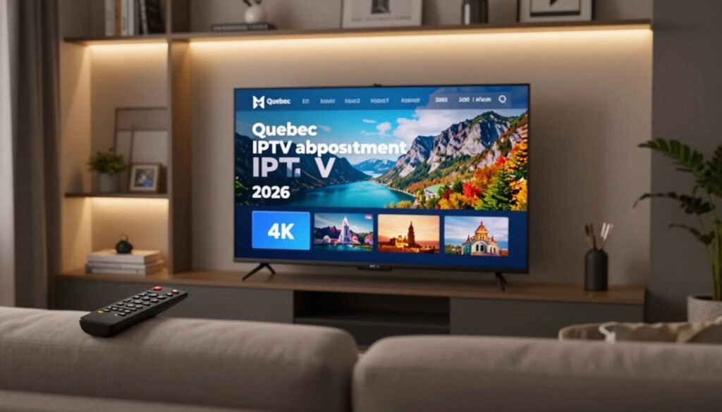 A modern living room interior featuring a stylish TV displaying high-definition streaming content, symbolizing the "Quebec IPTV abonnement" service in 2026. The foreground shows a sleek, contemporary sofa with a remote control resting on it, conveying comfort and relaxation. In the middle, the TV screen vividly shows vibrant 4K visuals of iconic Quebec landscapes, enhancing the content's appeal. The background reveals softly lit shelves with entertainment collectibles, creating an inviting atmosphere. Use warm, ambient lighting to evoke a cozy feeling. The camera angle captures the scene at eye level to make it relatable, ensuring a professional and aesthetically pleasing composition that illustrates the advantages of IPTV services in Quebec.