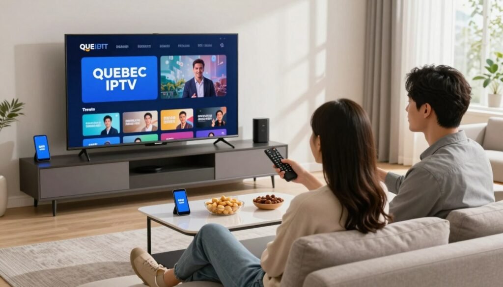 A modern living room scene showcasing a sleek television displaying the logo "QUEBEC IPTV," with a streaming interface visible on the screen. In the foreground, a professional-looking young couple, one casually dressed and the other in business attire, sits on a stylish sofa, holding a remote and engaged in selecting content. The middle ground features scattered smart devices and an elegant coffee table with snacks, hinting at an IPTV viewing experience. The background includes a large window with natural light filtering in, casting soft shadows, creating a cozy, inviting atmosphere. The overall mood is vibrant and contemporary, emphasizing technology's role in entertainment in Quebec.