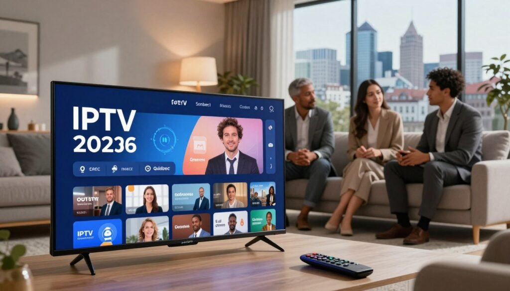 A modern living room setting showcasing the advantages of IPTV in Quebec for 2026. In the foreground, a sleek, stylish television displaying vibrant streaming options, with a remote control nearby. The middle ground features a diverse group of four people, dressed in professional business attire, engaged in a discussion, highlighting the benefits of IPTV. The background presents a cozy ambiance with warm, soft lighting and a large window revealing a view of a contemporary Quebec skyline, symbolizing innovation. A subtle digital overlay suggests high-quality streaming and connectivity, enhancing the atmosphere of modern technology. The mood is informative and inviting, emphasizing the forward-thinking nature of IPTV services in Quebec.