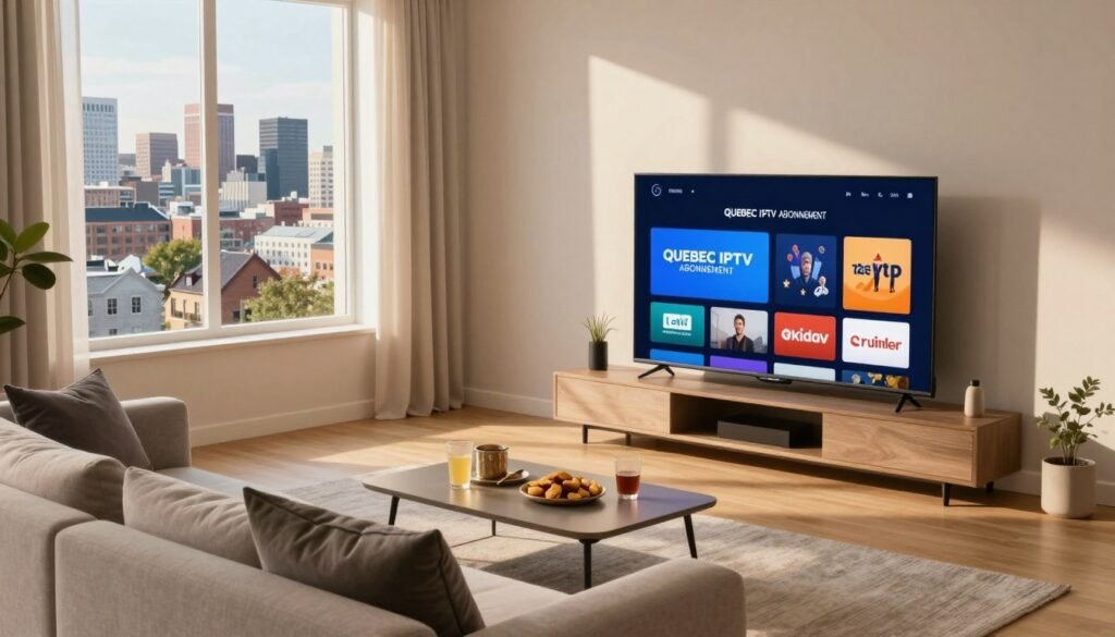 A modern living room showcasing a serene, inviting atmosphere, featuring a sleek TV displaying an array of streaming options with the logo "QUEBEC IPTV ABONNEMENT" prominently featured. In the foreground, a comfortable couch with stylish cushions invites viewers, while a coffee table holds snacks and drinks, hinting at a cozy movie night. In the middle ground, a window lets in warm, natural sunlight, casting gentle shadows and creating a relaxed vibe. In the background, a vibrant city skyline of Quebec can be seen through the window. The mood is relaxing and engaging, emphasizing convenience and modern entertainment. Use soft lighting to enhance the comfort of the scene and a slightly elevated angle to capture the entire setting.