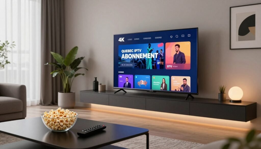 A sleek modern living room featuring a high-end 4K television displaying a vibrant IPTV interface for "QUEBEC IPTV ABONNEMENT." In the foreground, a stylish coffee table showcases a remote and a bowl of popcorn, suggesting a cozy viewing experience. In the middle, the television is mounted on a minimalist wall, with soft, ambient lighting creating a warm atmosphere. In the background, large windows with sheer curtains allow natural light to filter in, enhancing the contemporary decor with plants and art pieces. The mood is inviting and tech-savvy, perfect for viewers seeking entertainment in 2026. The angle is slightly elevated, capturing both the TV and the inviting ambiance of the room.