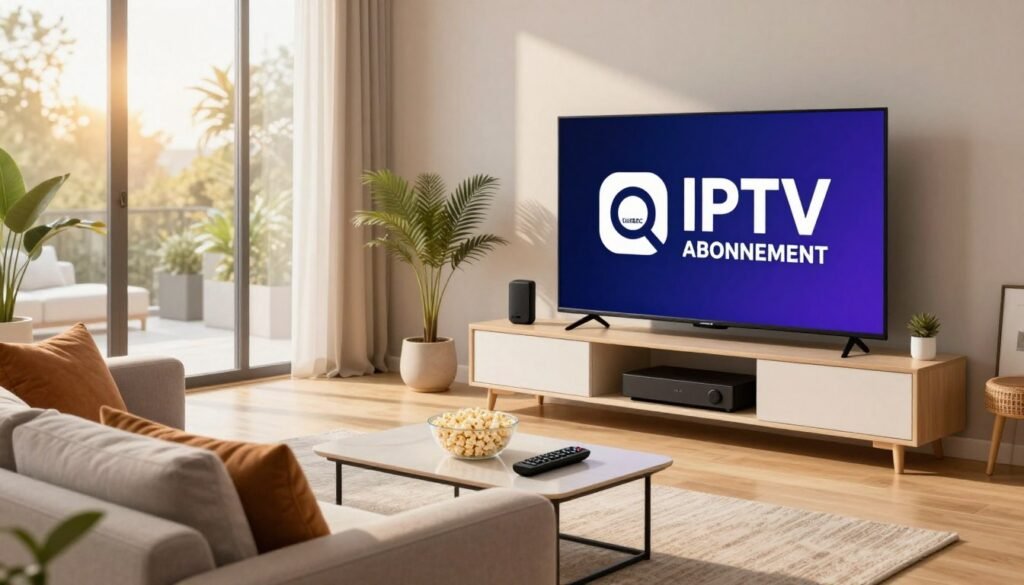 A sleek, modern living room scene showcasing a high-definition television displaying the logo "QUEBEC IPTV ABONNEMENT" prominently on screen. In the foreground, a comfortable sofa with stylish cushions invites viewers to relax, while a small coffee table holds a remote and some popcorn, suggesting an enjoyable viewing experience. In the middle ground, a clean, contemporary entertainment center is adorned with decorative plants and a few streaming devices. The background features large windows letting in warm, golden sunlight, creating an inviting atmosphere. The overall mood is cozy and futuristic, representing an ideal IPTV subscription experience in 2026. The image should be bright and clear, capturing a sense of innovation and comfort.