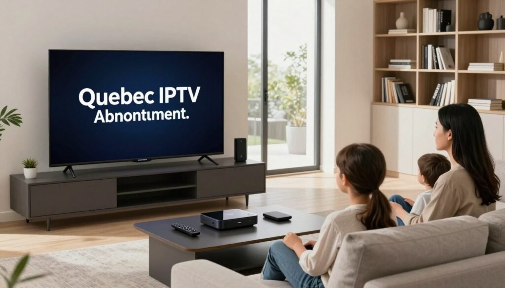 A sleek, modern living room with a large flat-screen TV displaying the logo "Quebec IPTV Abonnement." In the foreground, a family of four, dressed in comfortable yet professional attire, sits on a stylish couch, engaged in watching content. On the coffee table, various streaming devices and a remote control are visible. The middle ground features a large window with natural light streaming in, adding warmth to the scene. In the background, a bookshelf filled with tech-related books accentuates the theme of technology. The atmosphere is cozy and inviting, perfect for family entertainment. The overall lighting is soft and bright, conveying a sense of modernity and comfort. No text, captions, or watermarks present.