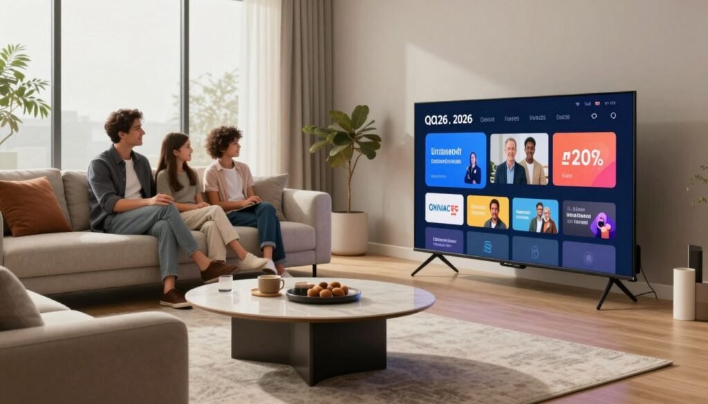 A modern living room setting showcasing an innovative online TV experience in Quebec for 2026. In the foreground, a sleek, ultra-thin flat-screen television displays a vibrant streaming interface with various channels. Comfortable, stylish furniture surrounds the TV, including a plush sofa and a contemporary coffee table. In the middle ground, a stylish family is engaged with the television; they are dressed in professional casual attire, exuding a relaxed yet sophisticated atmosphere. The background features large windows that let in soft, natural light, illuminating the room with a warm glow. The overall mood is inviting and tech-savvy, highlighting trends and innovations in online streaming. The image should be captivating, showcasing the evolution of home entertainment in Quebec while maintaining a clean and polished aesthetic. A modern living room setting showcasing an innovative online TV experience in Quebec for 2026. In the foreground, a sleek, ultra-thin flat-screen television displays a vibrant streaming interface with various channels. Comfortable, stylish furniture surrounds the TV, including a plush sofa and a contemporary coffee table. In the middle ground, a stylish family is engaged with the television; they are dressed in professional casual attire, exuding a relaxed yet sophisticated atmosphere. The background features large windows that let in soft, natural light, illuminating the room with a warm glow. The overall mood is inviting and tech-savvy, highlighting trends and innovations in online streaming. The image should be captivating, showcasing the evolution of home entertainment in Quebec while maintaining a clean and polished aesthetic.