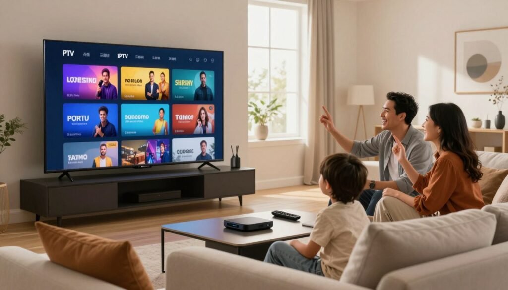 A modern living room setting with a large smart TV displaying a vibrant IPTV interface featuring various exciting streaming options. In the foreground, a comfortable sofa with throw pillows invites relaxation, while a sleek coffee table holds a remote and a streaming device. The middle layer showcases a family of two adults and a child, casually yet stylishly dressed, actively enjoying a streaming experience together, displaying expressions of joy and engagement. In the background, a window with soft natural light filters in, illuminating the space and creating a warm, inviting atmosphere. The overall mood is one of comfort, family togetherness, and the enjoyment of premium entertainment options in Quebec, hinting at a futuristic vibe for 2026.