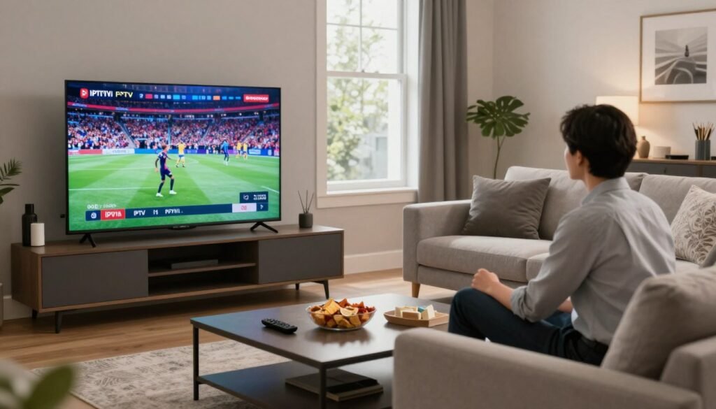 A modern living room setting featuring a sleek, flat-screen TV displaying vibrant programming, symbolizing IPTV. In the foreground, a stylish coffee table is adorned with snacks and a remote control. In the middle ground, a cozy sofa is arranged invitingly, while a person in professional casual attire sits comfortably, engrossed in a sports broadcast. The background showcases a large window with natural light pouring in, surrounded by tasteful decor that indicates a contemporary Quebec-style home. The overall mood is lively and inviting, highlighting the entertainment aspects of IPTV. Use soft, warm lighting to create an inviting atmosphere, focusing on a balanced composition.