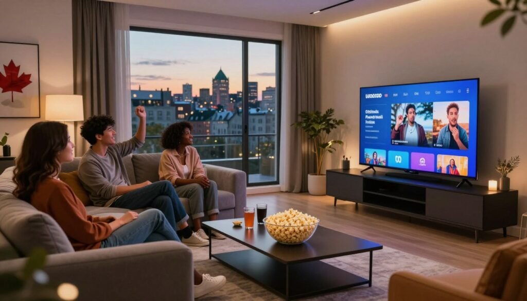 A sleek, modern living room filled with excitement as a diverse group of friends sits comfortably on a stylish couch watching IPTV on a large flat-screen television. The scene is illuminated with warm, inviting lighting that accentuates the premium quality of the content being streamed. In the foreground, a vibrant bowl of popcorn and a few drinks sit on a chic coffee table. The background features a large window with a view of the Quebec skyline at dusk, creating a cozy atmosphere. The walls are decorated with subtle Canadian art influences, adding to the local flavor. Use a wide-angle lens to capture the ambiance, with soft bokeh around the edges, evoking a sense of community and enjoyment in the comfort of home.