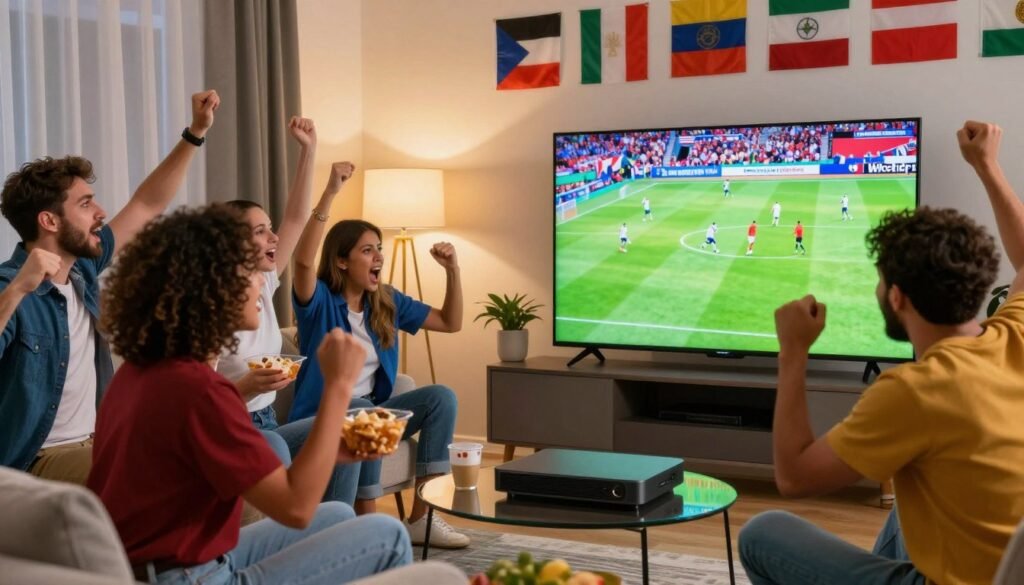 A vibrant and dynamic scene depicting a group of diverse fans gathered in a modern living room, eagerly watching the 2026 FIFA World Cup on a large flat-screen IPTV setup. In the foreground, a multi-ethnic group of individuals in smart casual attire, including men and women, are animatedly cheering and holding snacks. The middle ground showcases a sleek IPTV device beside the television, with bright colors reflecting from the screen, showing a glimpse of a football match in action. In the background, icons of various nations' flags and themed decorations create an energetic atmosphere. The lighting is warm and inviting, emphasizing the excitement of the moment, captured from a slightly low angle to enhance the feeling of enthusiasm and celebration. A vibrant and dynamic scene depicting a group of diverse fans gathered in a modern living room, eagerly watching the 2026 FIFA World Cup on a large flat-screen IPTV setup. In the foreground, a multi-ethnic group of individuals in smart casual attire, including men and women, are animatedly cheering and holding snacks. The middle ground showcases a sleek IPTV device beside the television, with bright colors reflecting from the screen, showing a glimpse of a football match in action. In the background, icons of various nations' flags and themed decorations create an energetic atmosphere. The lighting is warm and inviting, emphasizing the excitement of the moment, captured from a slightly low angle to enhance the feeling of enthusiasm and celebration.