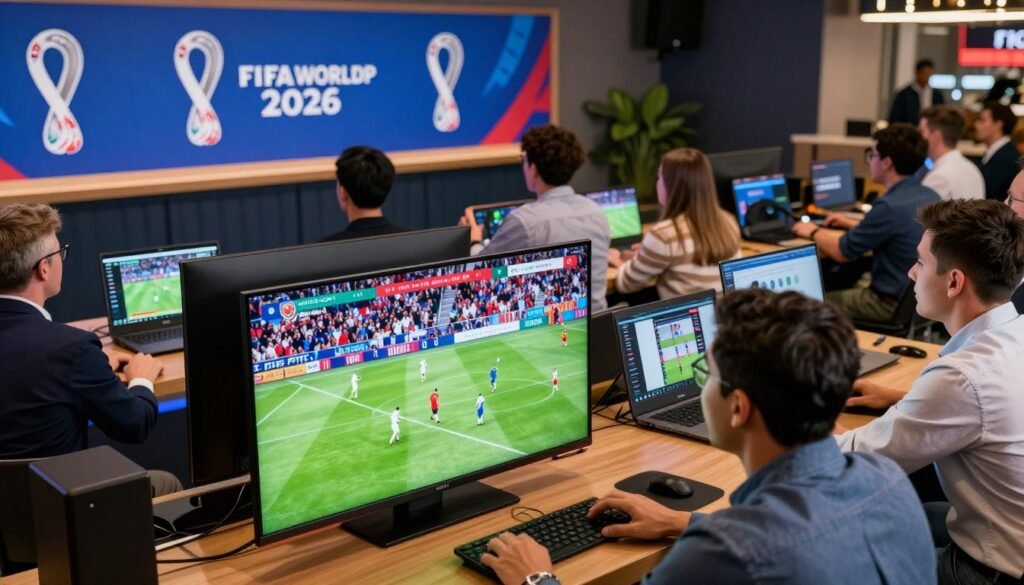 A vibrant and dynamic scene showcasing various official platforms for streaming the FIFA World Cup 2026. In the foreground, a large flat-screen TV displays a thrilling match moment, with fans watching eagerly—dressed in business casual clothing, diverse in age and ethnicity. In the middle ground, several laptops and tablets, streaming the event with visible player stats and match commentary, create a modern viewing atmosphere. The background features a digital banner with iconic FIFA World Cup symbols and the year 2026 subtly incorporated. The lighting is bright and engaging, reminiscent of a lively sports bar, inviting excitement and anticipation. The composition is angled from a slightly elevated perspective to capture the enthusiasm and connectivity of fans watching the tournament online. A vibrant and dynamic scene showcasing various official platforms for streaming the FIFA World Cup 2026. In the foreground, a large flat-screen TV displays a thrilling match moment, with fans watching eagerly—dressed in business casual clothing, diverse in age and ethnicity. In the middle ground, several laptops and tablets, streaming the event with visible player stats and match commentary, create a modern viewing atmosphere. The background features a digital banner with iconic FIFA World Cup symbols and the year 2026 subtly incorporated. The lighting is bright and engaging, reminiscent of a lively sports bar, inviting excitement and anticipation. The composition is angled from a slightly elevated perspective to capture the enthusiasm and connectivity of fans watching the tournament online.